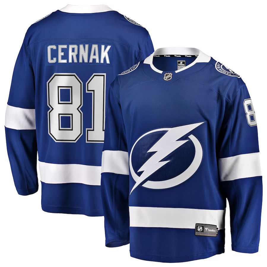Men Tampa Bay Lightning 81 Erik Cernak Fanatics Branded Blue Home Breakaway Player NHL Jersey